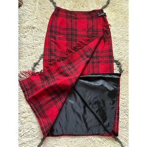 Eddie Bauer Legend Blanket skirt Long Wool 10 Red Black Tartan Plaid Fringe wrap